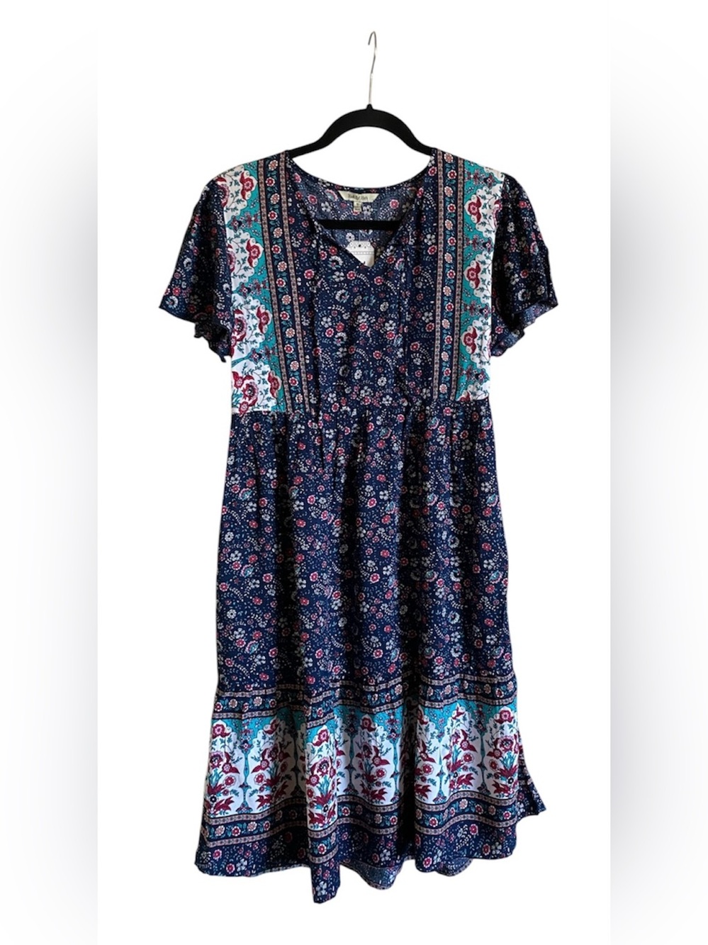 Women’s YAK N YETI Floral Short Sleeve Tassel Boho Dress S NWT
